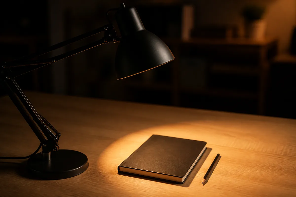 Lampe de bureau articulée allumée au-dessus d’un plan de travail dégagé