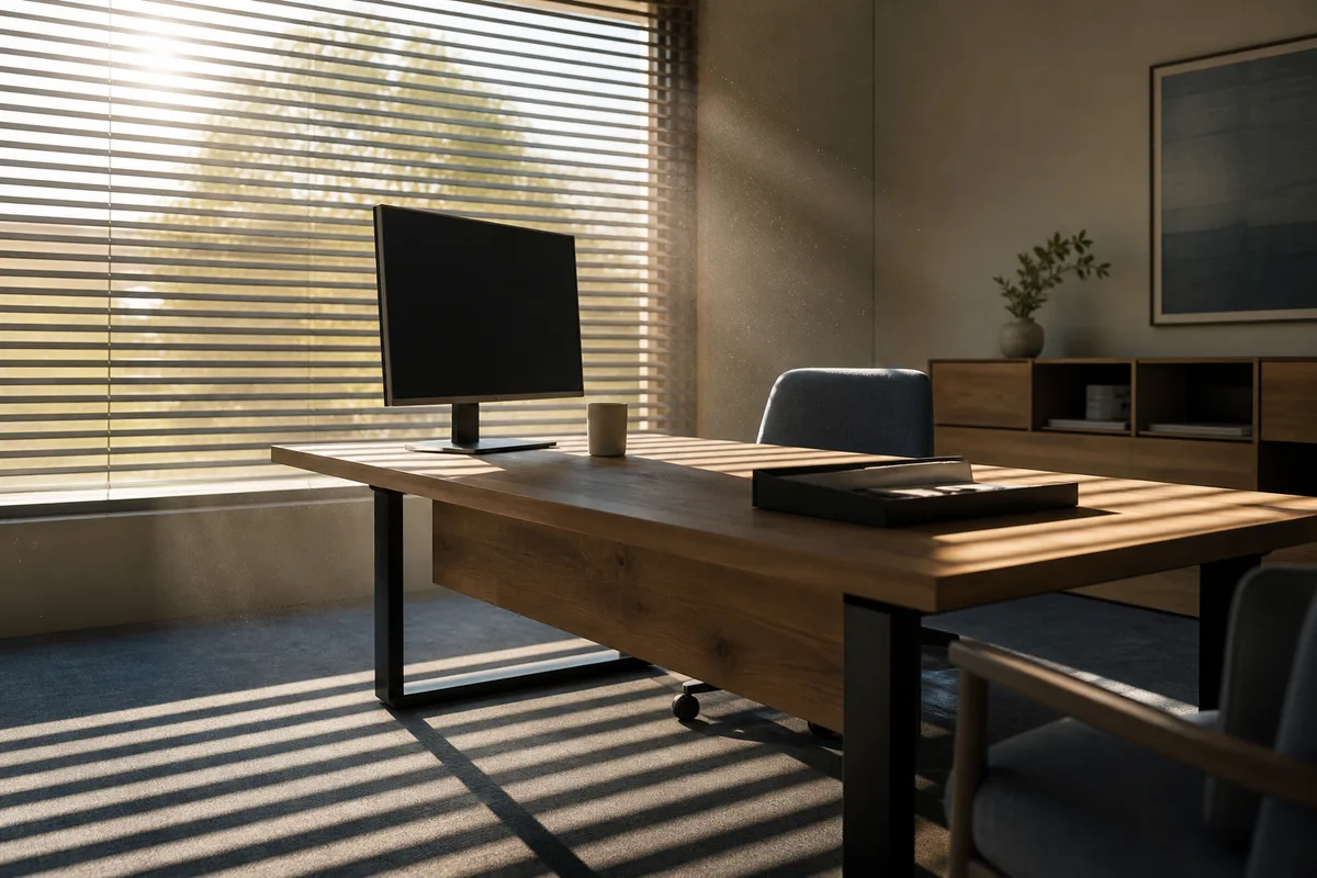 Bureau éclairé par une lumière naturelle rasante venant d’une fenêtre latérale