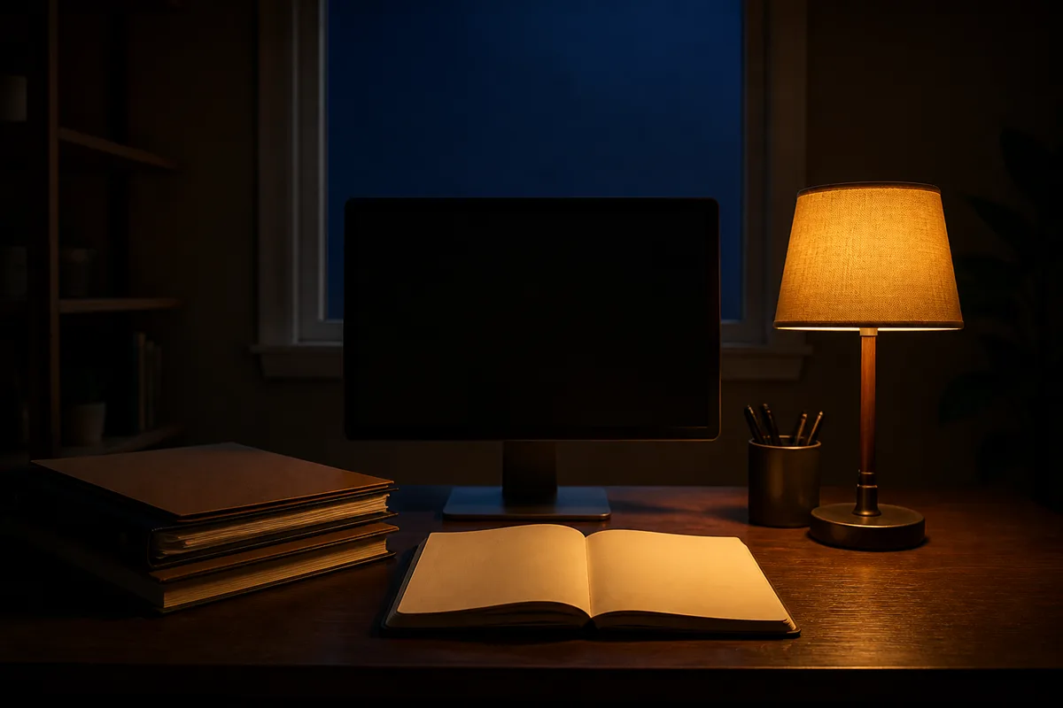Poste de travail éclairé en ambiance de soirée par une lampe d’appoint chaude
