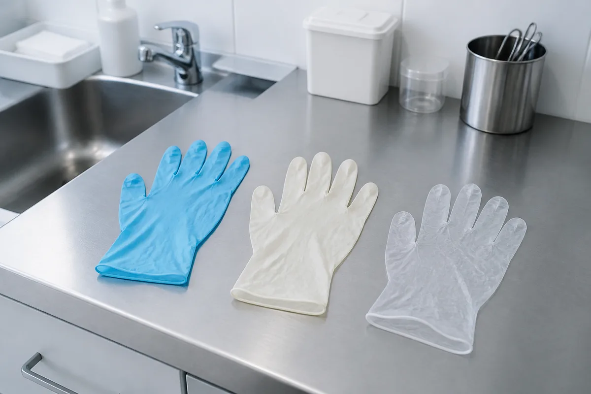 Trois gants jetables de matières différentes posés à plat sur un plan de travail