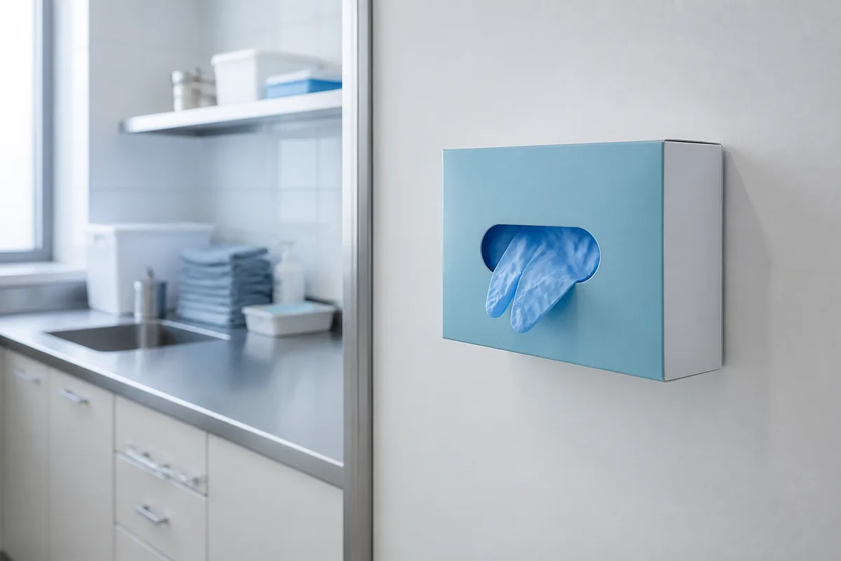 Boîte distributrice de gants non poudrés fixée au mur d&rsquo;une réserve
