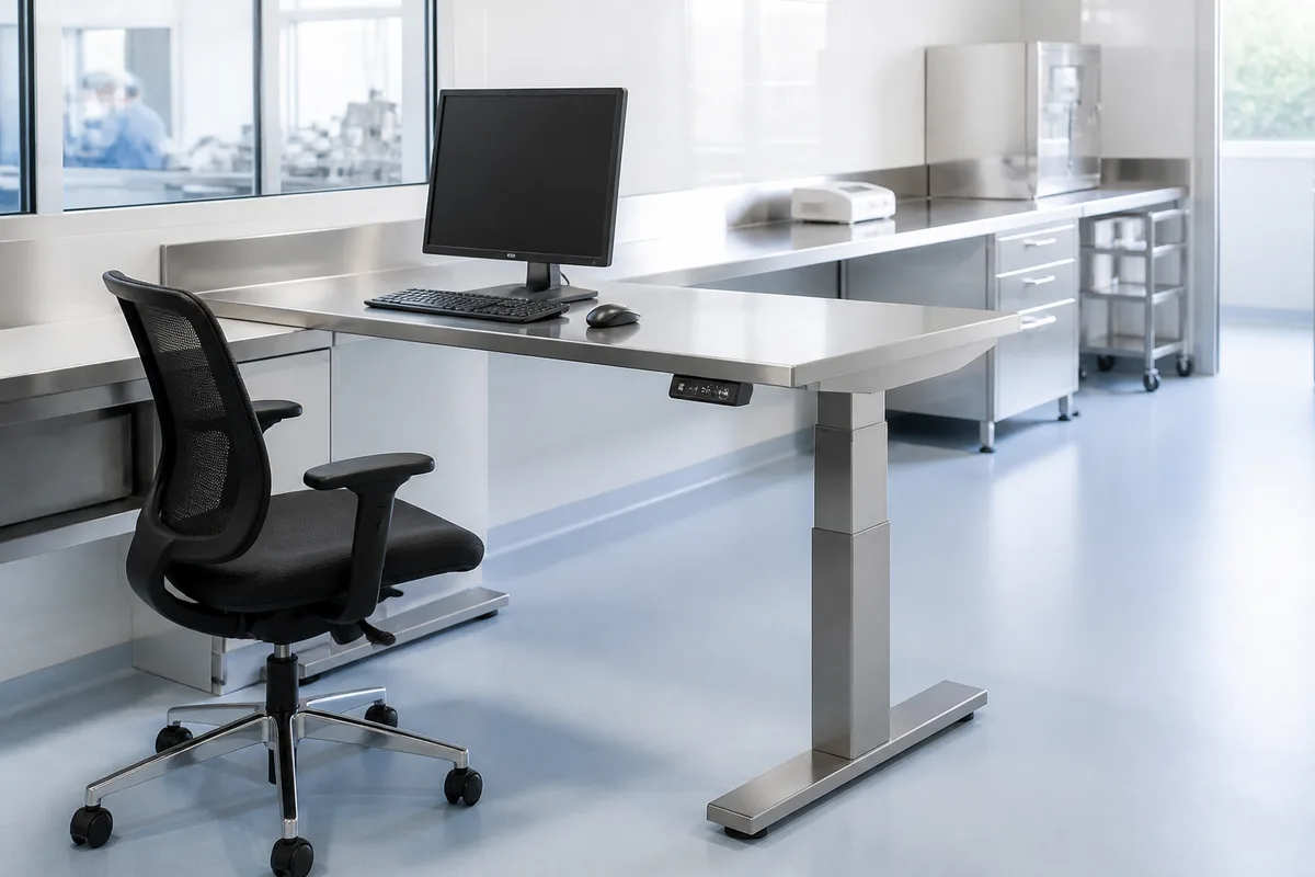 Plan de travail réglable et poste de bureau vu de trois quarts