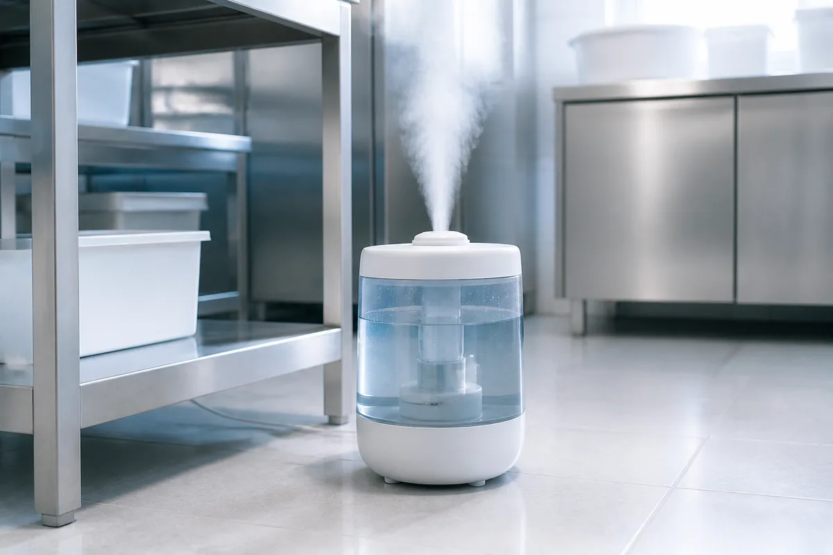Humidificateur posé au sol dans une pièce de travail, réservoir visible