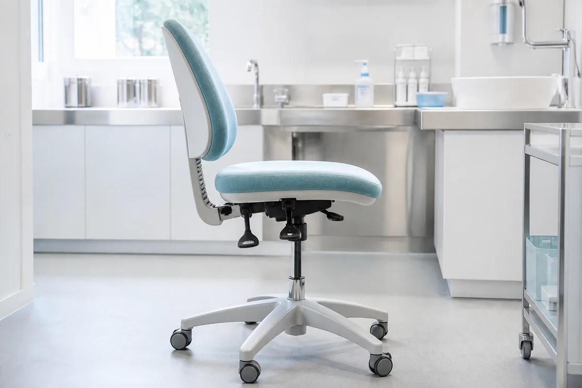 Fauteuil de bureau réglable vu de profil, manettes de réglage visibles